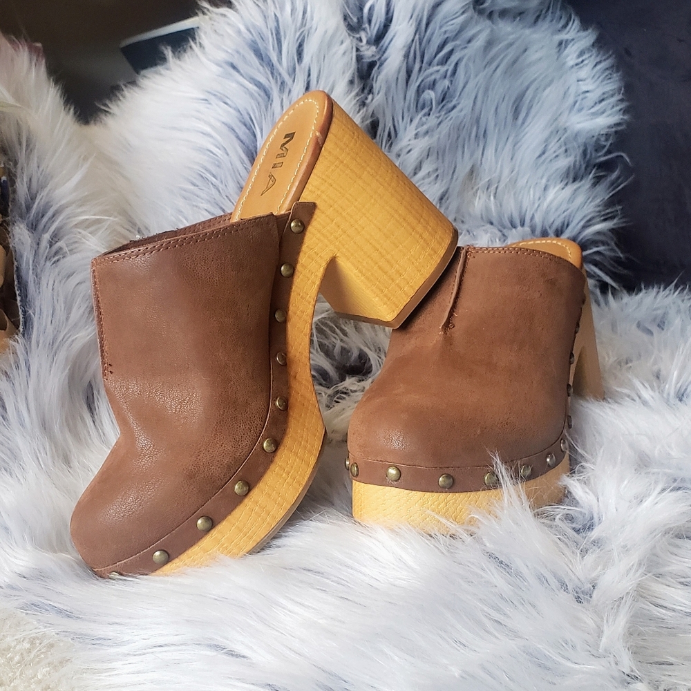 MIA Brown Suede Studded Platform Clogs